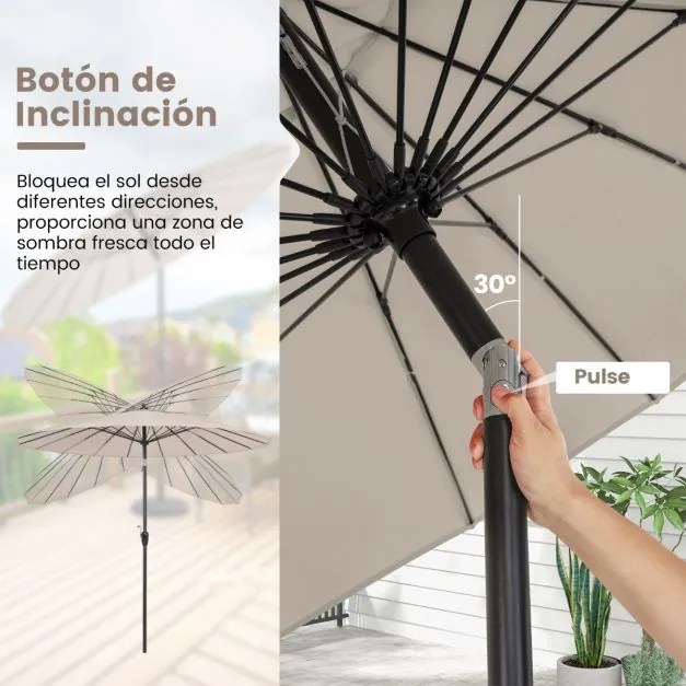 Guarda-sol redondo de 265 cm com 18 varas de fibra de vidro, botão de inclinação, manivela Bege
