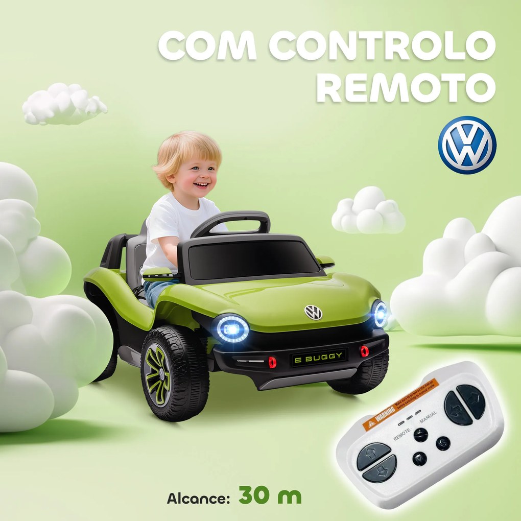 Carro Elétrico para Crianças Volkswagen E-Buggy Bateria 12V com Controlo Remoto 2,4 G Faróis LED Música USB 98x56,5x47 cm Verde