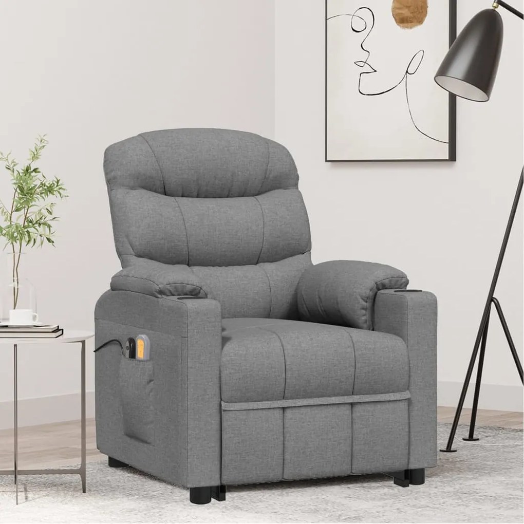 vidaXL Poltrona elevatória de massagens tecido cinzento-claro