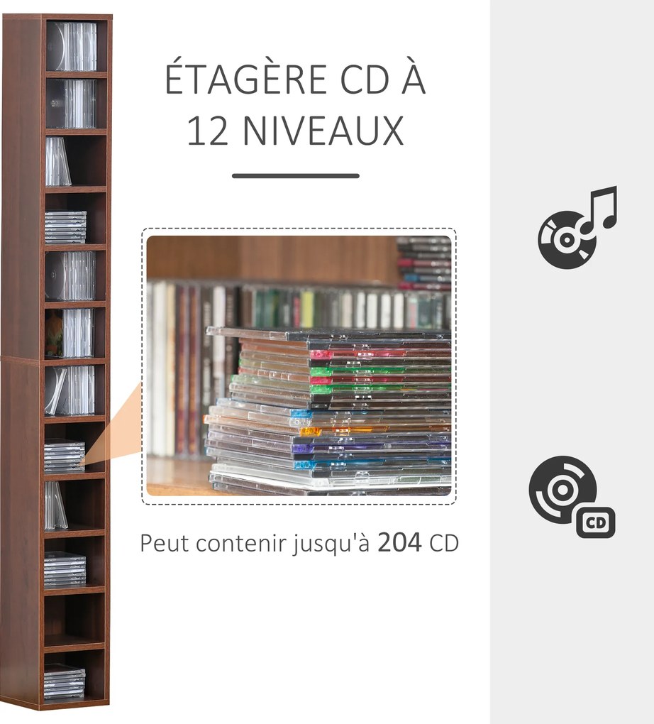 Organizadores para CD e DVD, estante vertical, móvel de arrumação com 12 compartimentos, capacidade máxima de 204 CD, 21 x 20 x 175 cm, castanho