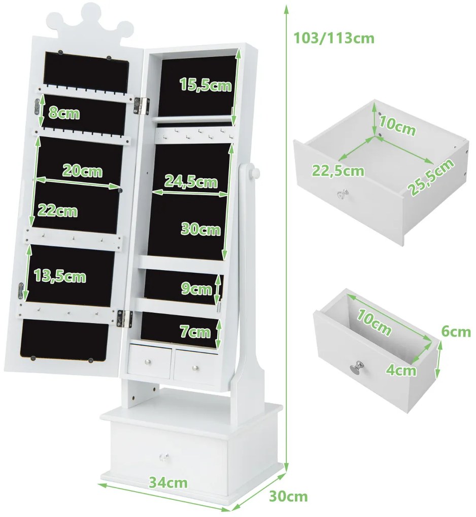 Armário Jóias para crianças com espelho de corpo inteiro e 3 gavetas 2 ângulos de inclinação ajustáveis 34 x 30 x 103/113cm Branco