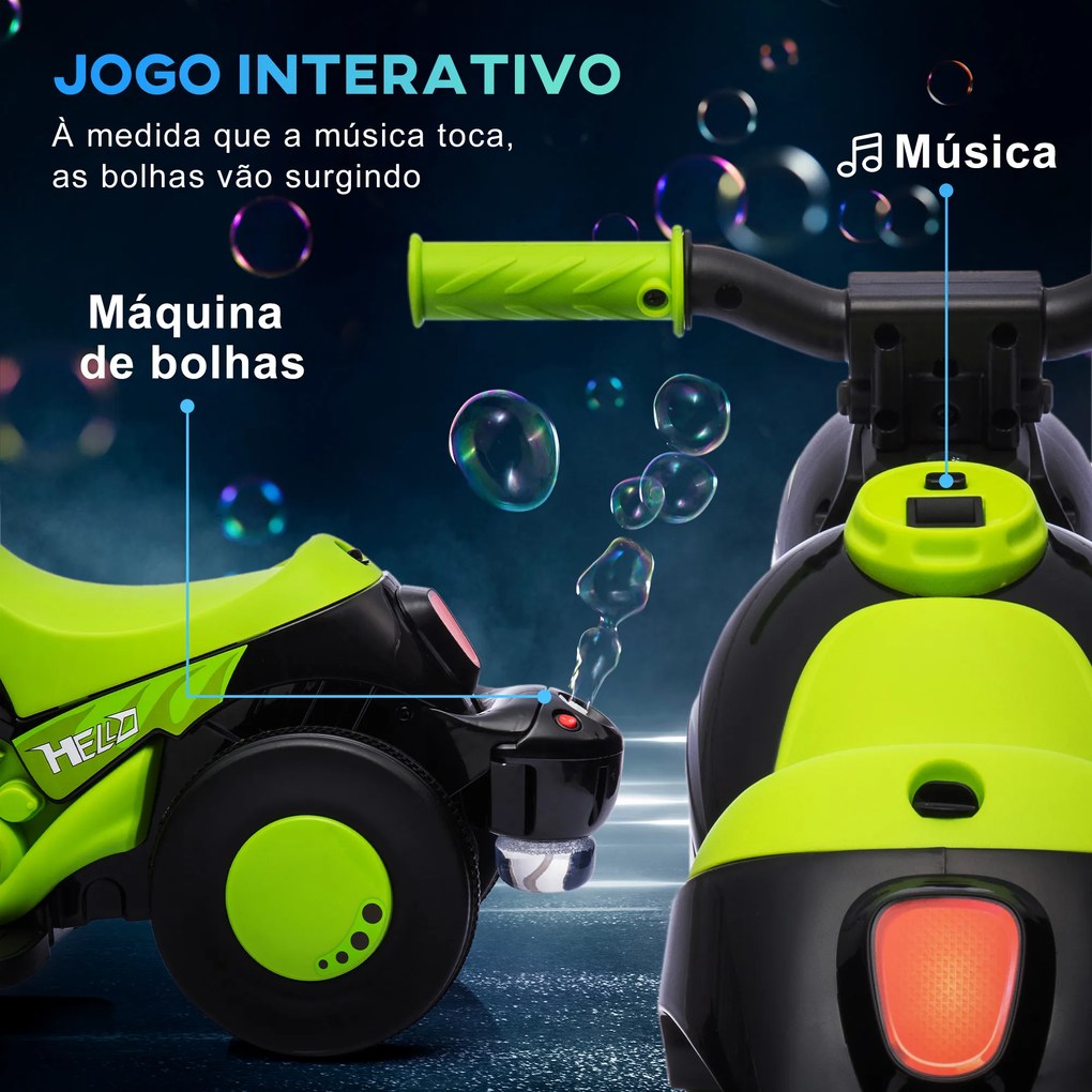 Mota Elétrica para Crianças Mota a Bateria 6V com Função de Bolhas Farol Música Motocicleta para Crianças com Velocidade 3km/h Carga 30 kg Verde