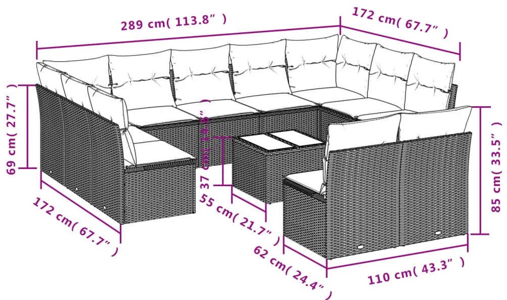 12 pcs conjunto de sofás p/ jardim com almofadões vime PE bege