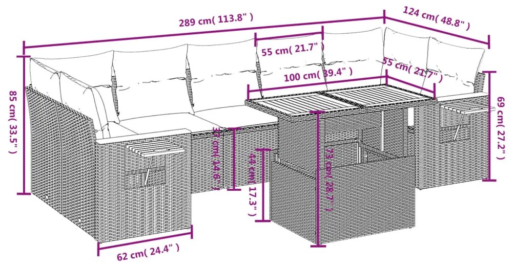 8 pcs conjunto sofás de jardim com almofadões vime PE preto