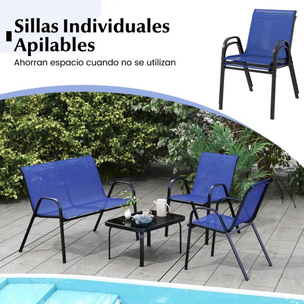Conjunto de jardim exterior de 4 peças Mesa de café em vidro temperado Banco e 2 cadeiras individuais Tecido Textilene Mesa e cadeiras azuis
