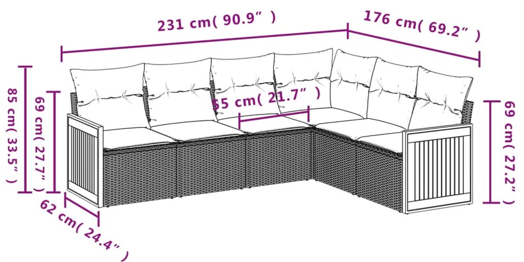 6 pcs conjunto sofás de jardim c/ almofadões vime PE preto