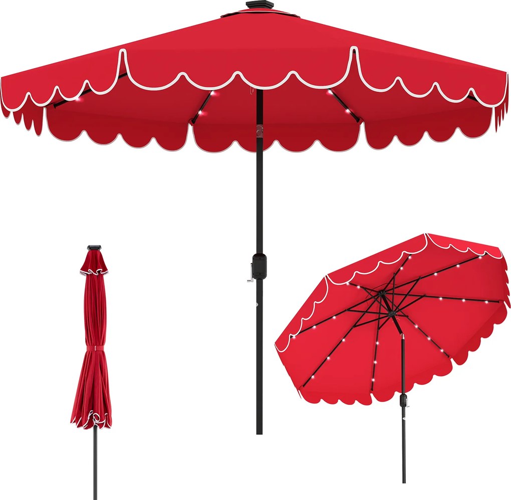Guarda-sol de pátio de 300 cm com 24 luzes LED, parte superior ventilada, folhos e ajuste de inclinação, Vermelho