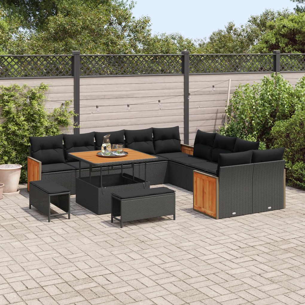 Conjunto de Sofás de Jardim de 13 Peças com Almofadas Preto Polyrattan