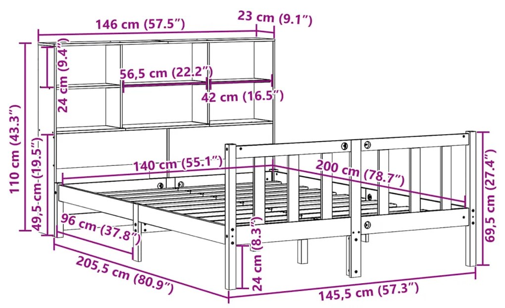 Cama com estante sem colchão 140x200 cm pinho maciço branco