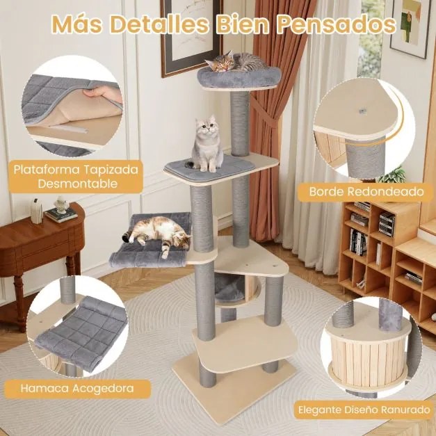 Arranhador para gatos de 197 cm acolchoado, casa postes para arranhar, tapetes e rede para interior cinza