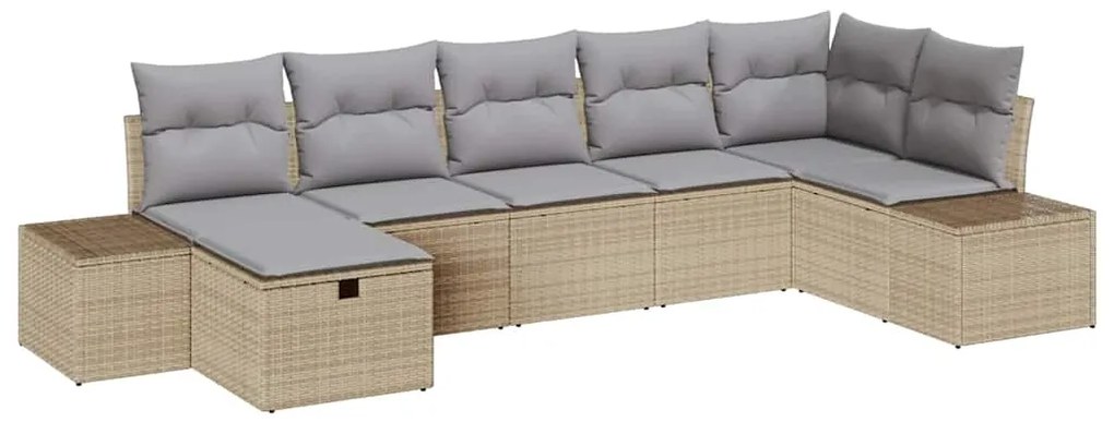 Conjunto de Sofá de Jardim 7 Peças com Almofadas Bege Vime Polipropile