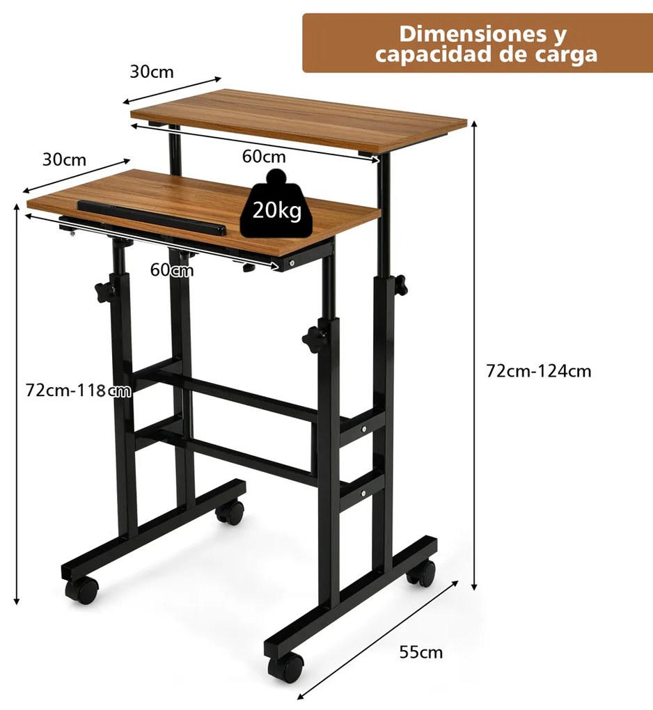 Mesa móvel para computador com rodas Mesa de pé e sentada ajustável em altura para escritório em casa cor nogueira e preto