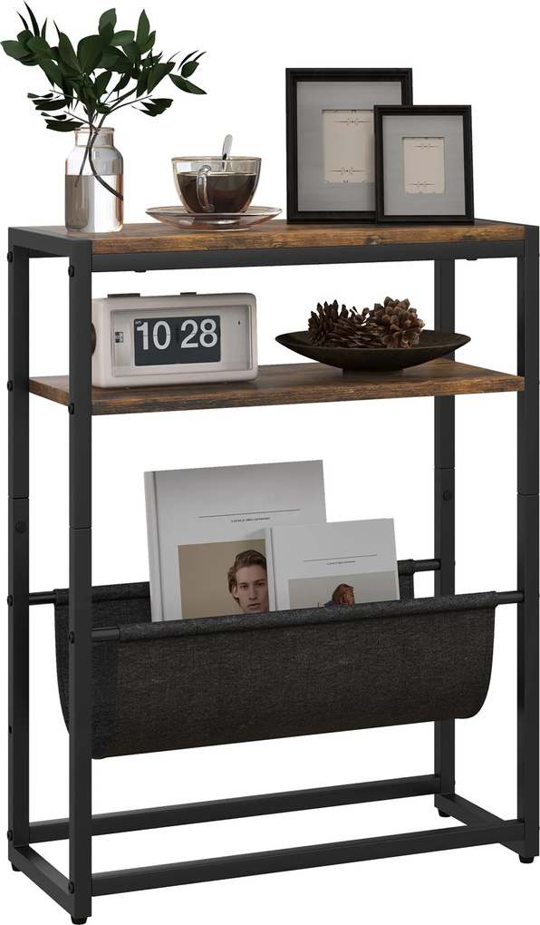 Mesa de apoio com prateleira e porta-revistas, estrutura em aço, design industrial - 43 x 18 x 56 cm