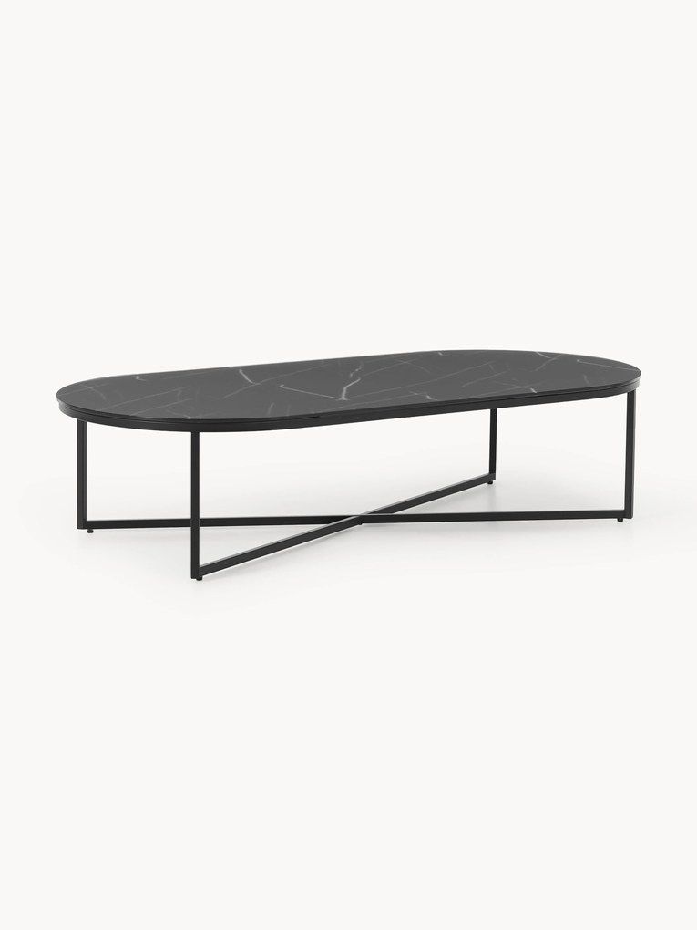 Mesa de centro oval com tampo de vidro com aspeto de mármore Antigua