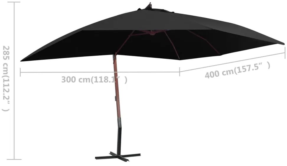 Guarda-sol suspenso com mastro de madeira 400x300 cm preto