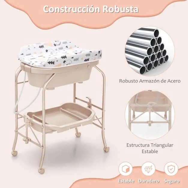 Troca-fraldas com banheira dobrável e portátil para bebés com bandeja de armazenamento e 4 rodas universais com travas, carga 35 kg, bege