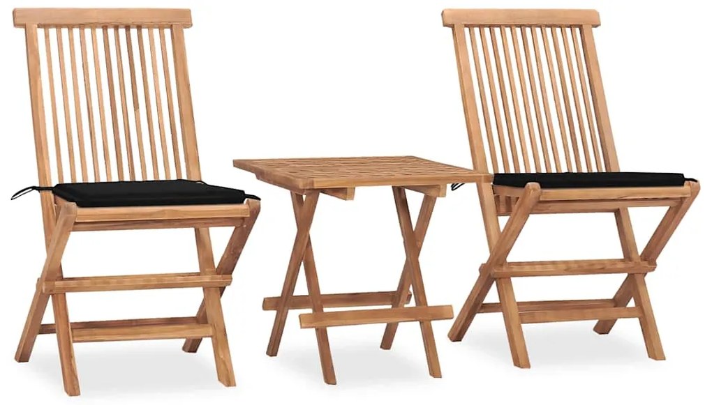 3 pcs conj. jantar dobrável exterior c/ almofadão teca maciça