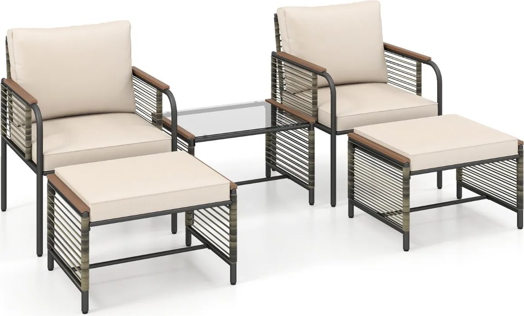 Conjunto de jardim 5 peças Rattan com Almofadas 2 Pufes Mesa de Vidro temperado Bege