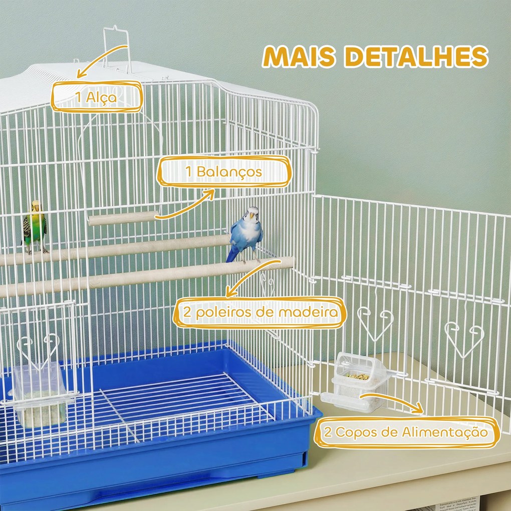 Gaiola para Pássaros Gaiola de Aço com 2 Recipientes 2 Poleiros Baloiço e Bandeja Removível Pega 46,5x36x59 cm Azul