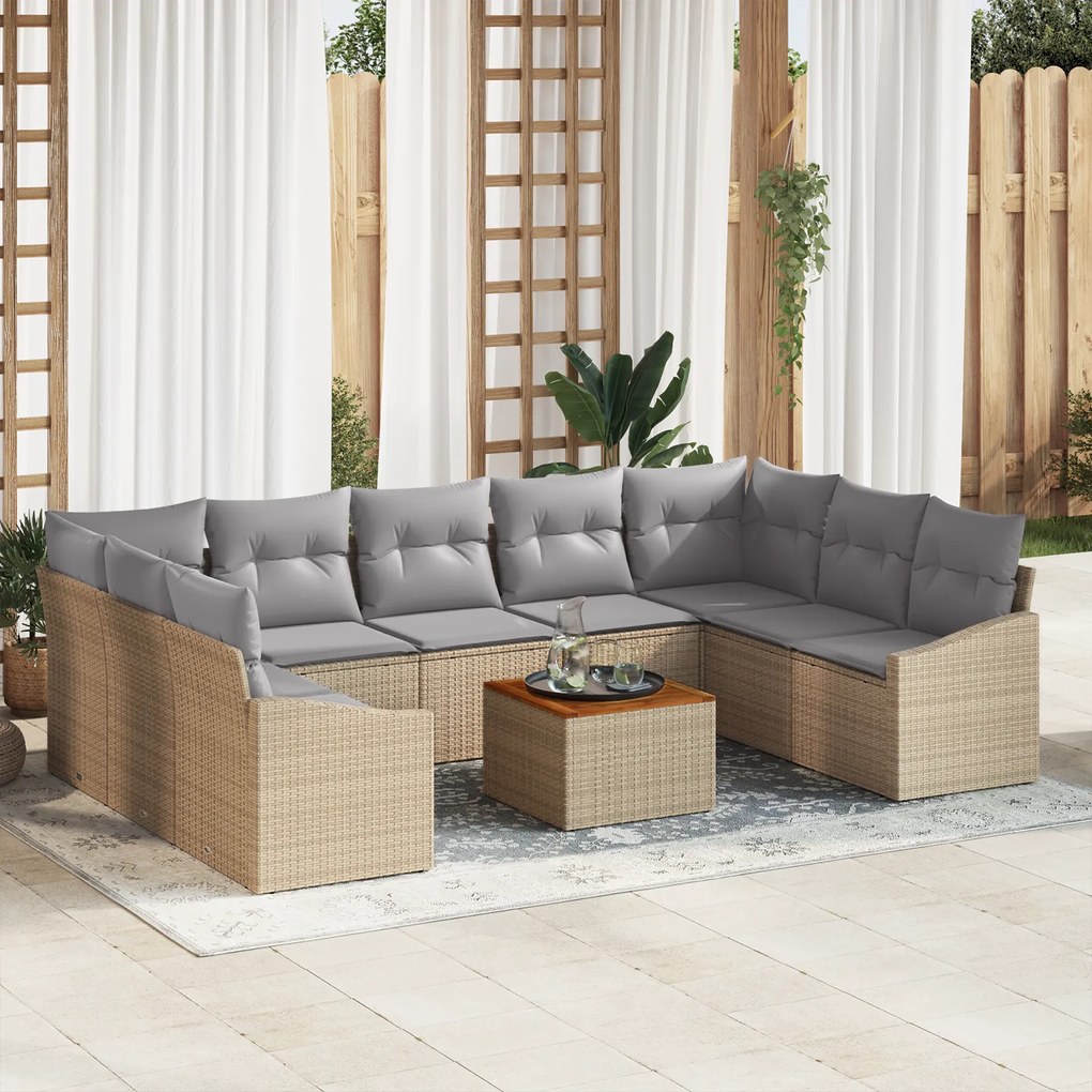 Conjunto de Sofás de Jardim de 10 Peças com Almofadas Bege Rattan Poli