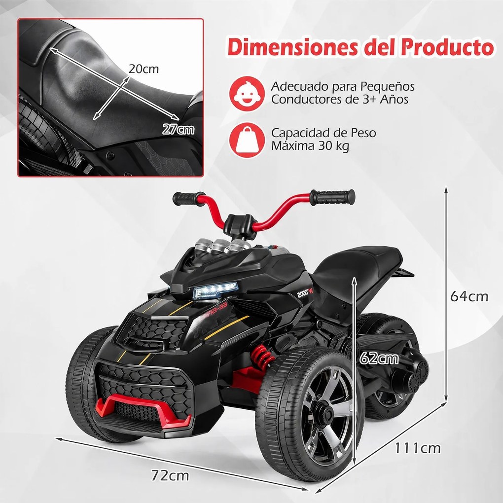 Moto Elétrica Infantil crianças 3 a 6 anos de Três Rodas, 72 x 111 x 64 cm, Dois Motores de 25 W, Vermelho+Preto