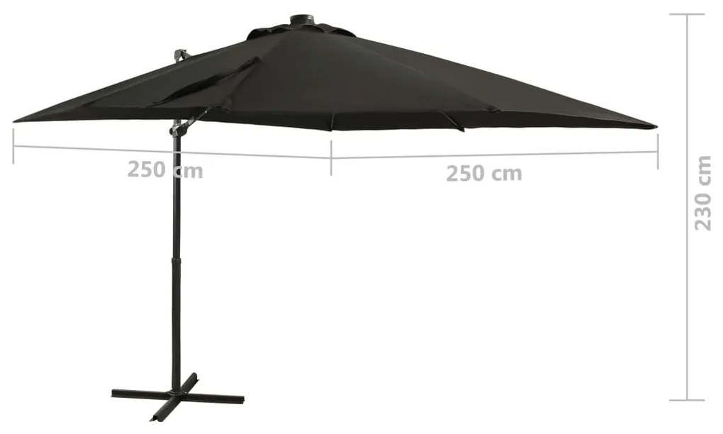 Guarda-sol jardim cantilever c/ poste e luzes LED 250 cm preto