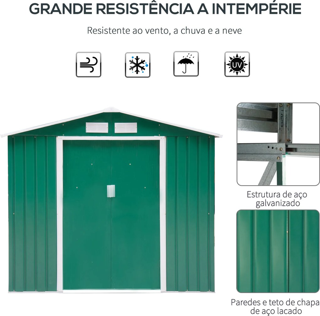Abrigo de Jardim 213x130x185cm Abrigo de Jardim Metálico de Exterior com 2 Portas Deslizantes e 4 Janelas Verde