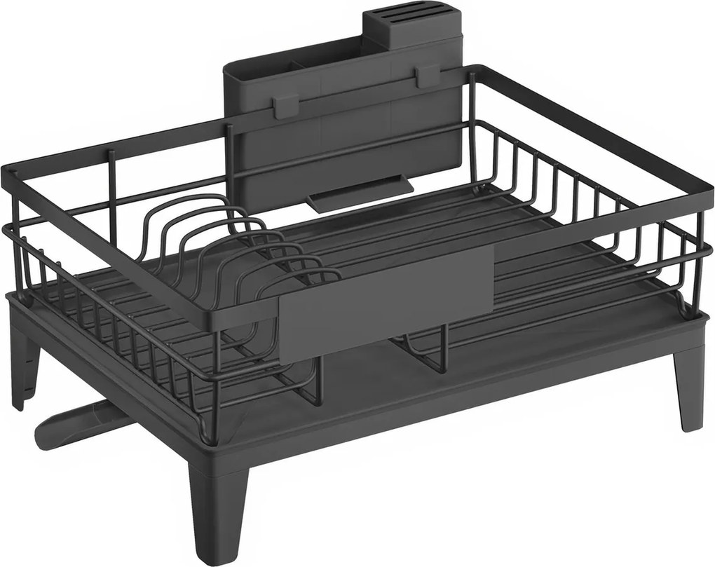 Escorredor de pratos com tabuleiro 31 x 42 x 18,5 cm, escoamento giratório, suporte para talheres preto