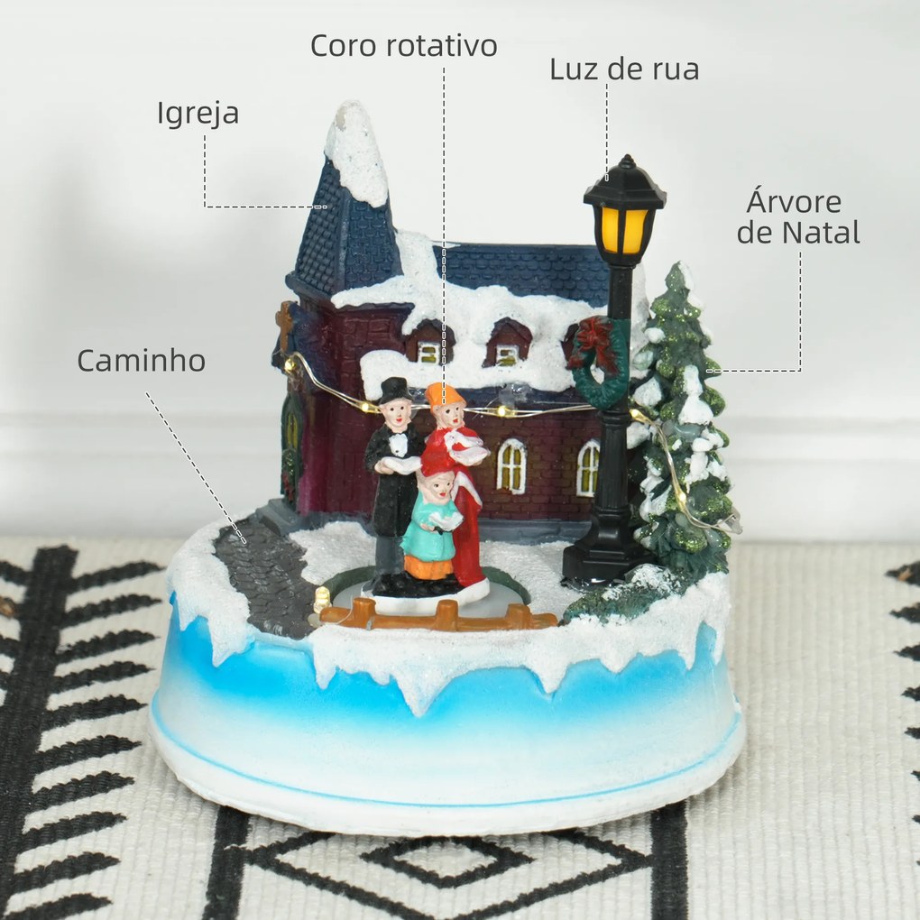 Aldeia de Natal com Luzes LED Cena de Natal com Coro Giratório Música para Decoração de Natal 13x13x15 cm Multicor