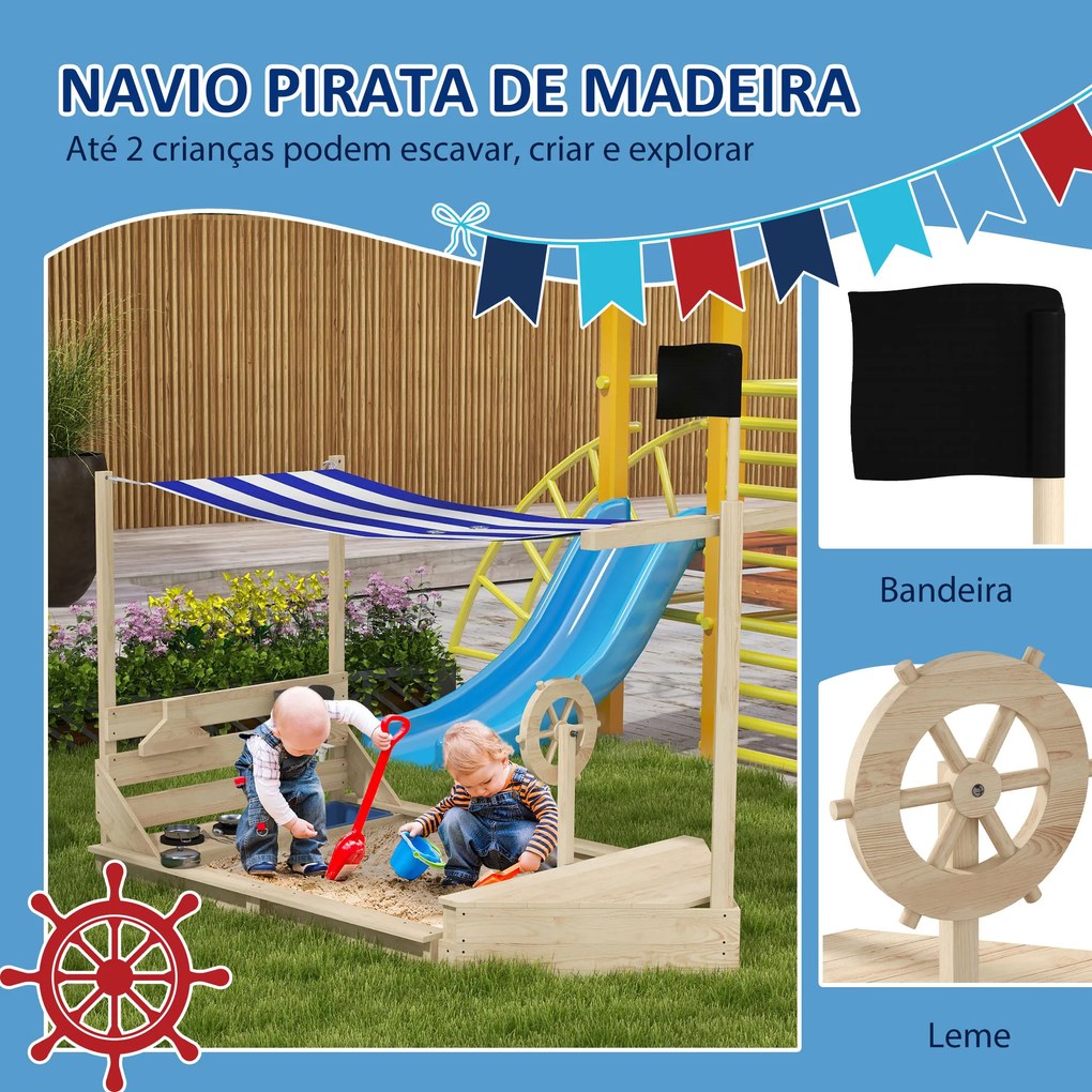 Caixa de Areia para Crianças de Madeira com Toldo Brinquedos de Cozinha e Forma de Barco para Jardim 180x103x145 cm Natural