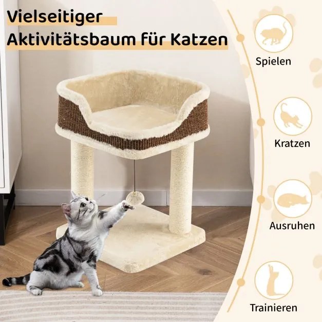 Arranhador para gatos 38 x 38 x 51 cm pequeno com assento em pelúcia, bola e colunas de sisal, bege