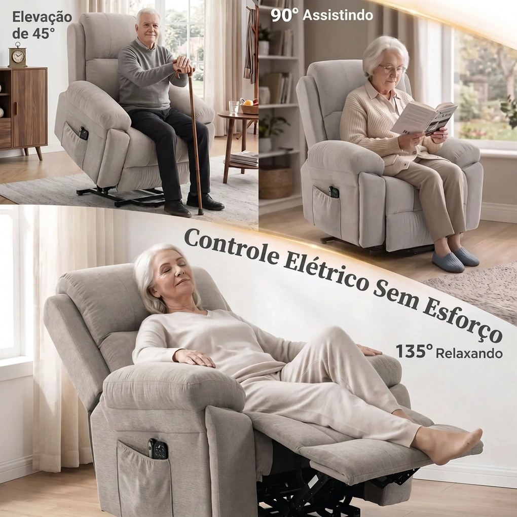 Poltrona Relax Elétrico Elevatório com Massagem Vibratória Aquecimento Molas Ensacadas Comando Porta-Copos e Bolsos Bege