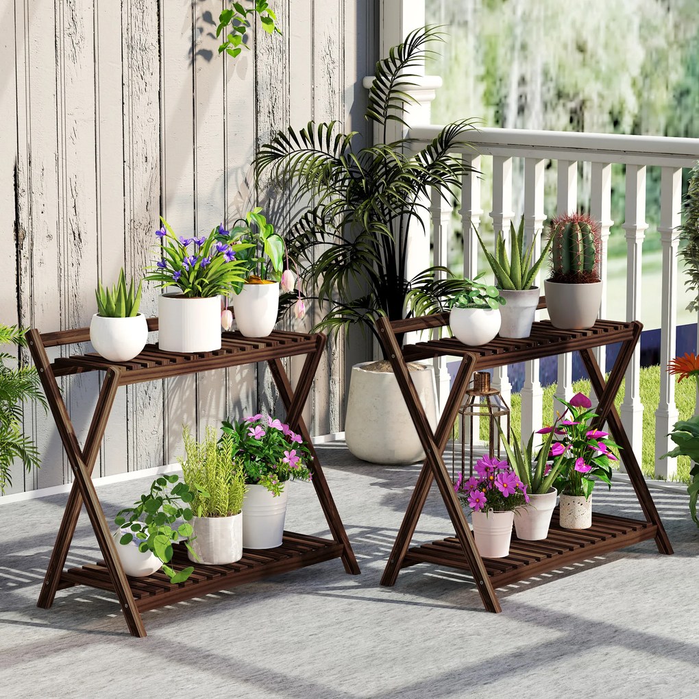 Conjunto de 2 suportes para plantas de interior com 2 níveis 73 x 36 x 64 cm, , prateleiras para plantas e suporte traseiro, castanhos