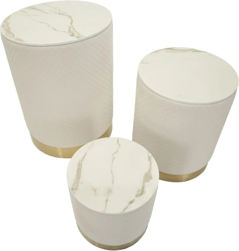 CONJUNTO DE 3 BANCOS/BÁUS COM ARMAZENAMENTO Ø 60X80-50X60-40X40 CM CREME E DOURADO