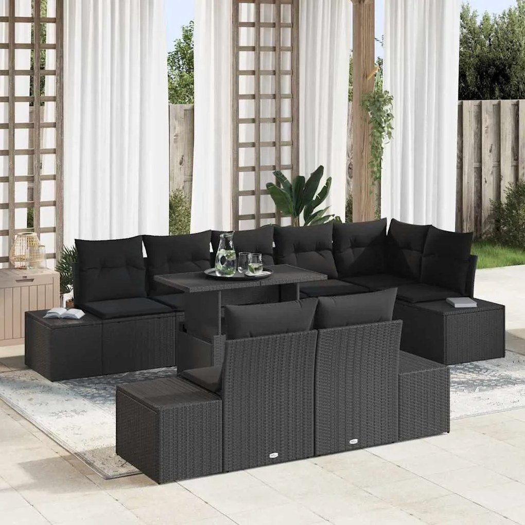 vidaXL Conjunto de Sofá de Jardim com almofada 9 pcs Preto vime PE