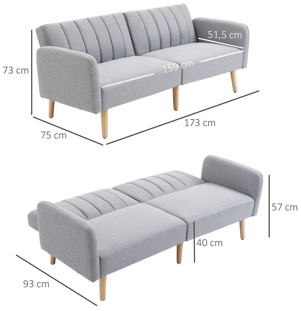 Sofá Cama de 2 Lugares com Encosto Ajustável em 3 Posições Apoio para os Braços Desmontável e Pés de Madeira Sofá Duplo Moderno para Sala de Estar Esc