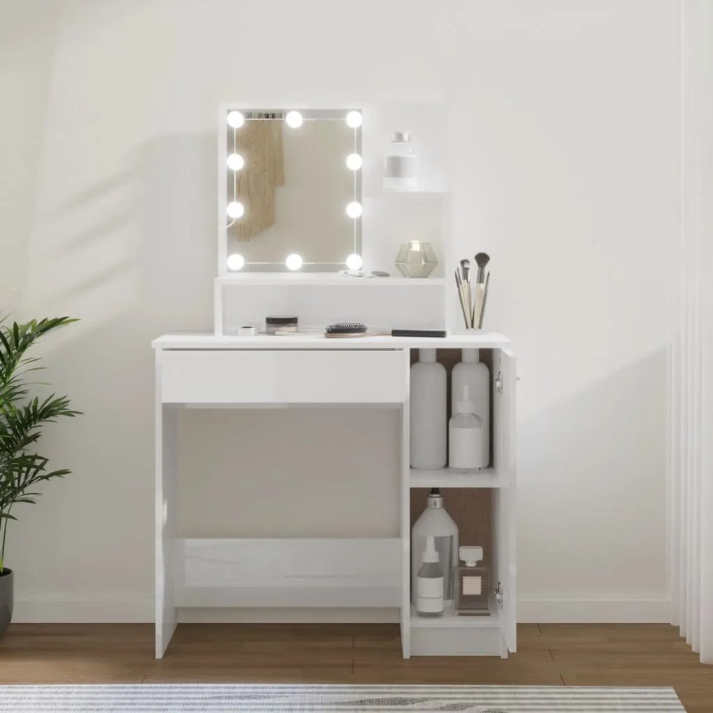 808816 vidaXL Toucador com LEDs 86,5x35x136 cm branco brilhante