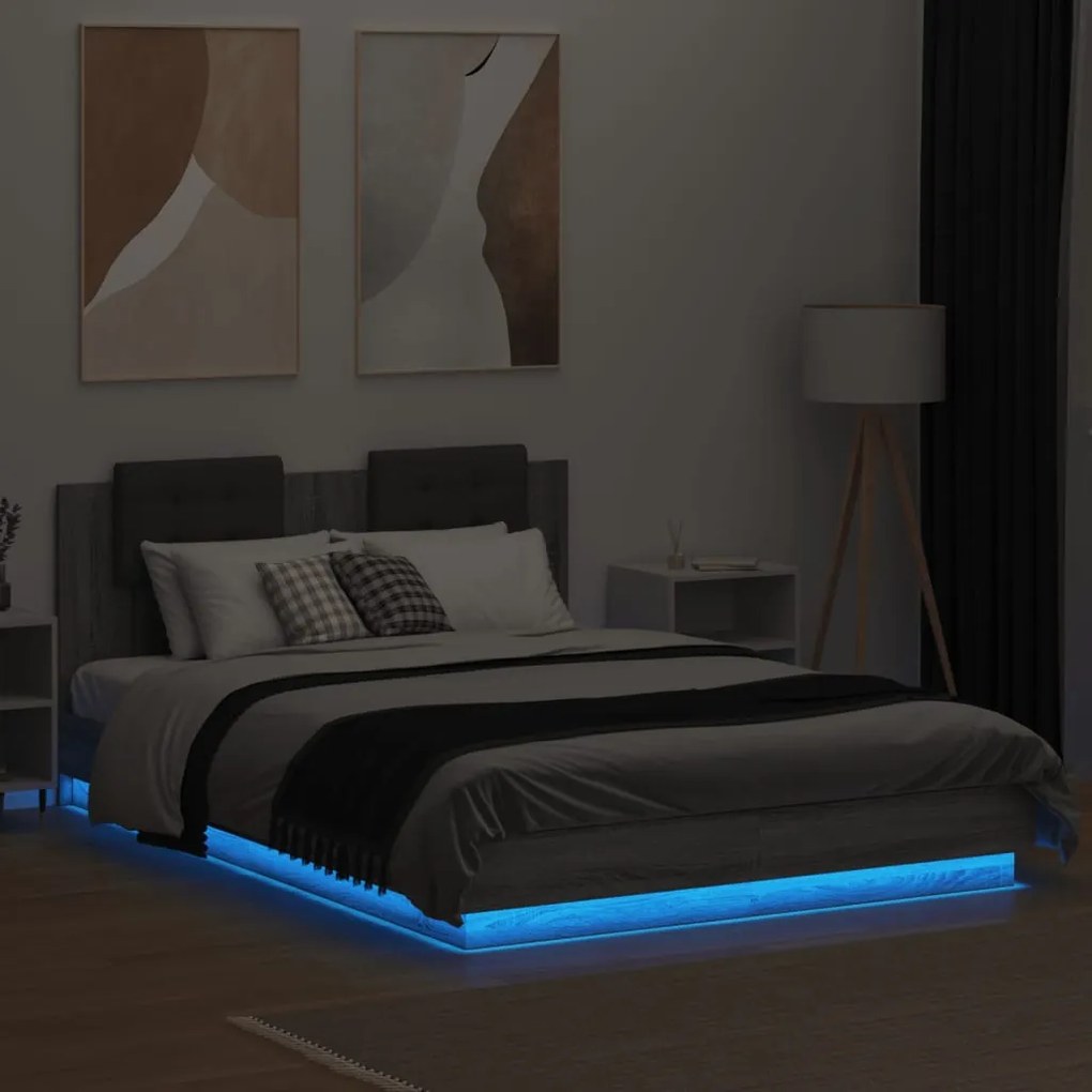 Estrutura de cama c/ cabeceira/luzes LED 120x200cm cinza sonoma