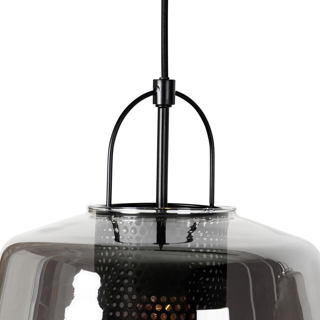 Candeeiro suspenso preto com vidro fumê 30 cm oblongo 3 luzes - Kevin Art Deco