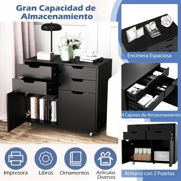 Armário de Escritório e 2 portas Móvel com gavetas móveis e 5 rodas 73 x 40 x 64,5 cm Preto