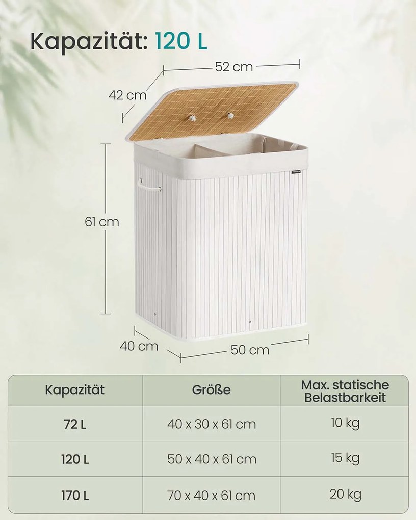 Cesto para roupa suja em bambu com 2 compartimentos 50 x 40 x 61 cm branco