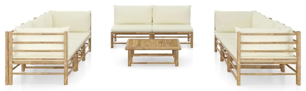 9 pcs conj. lounge p/ jardim em bambu c/ almofadões branco nata