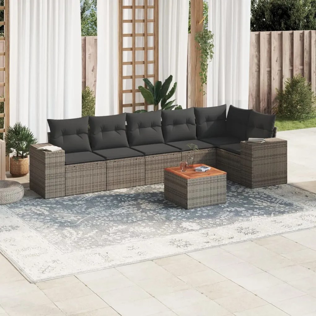 7 pcs conjunto sofás p/ jardim c/ almofadões vime PE cinzento