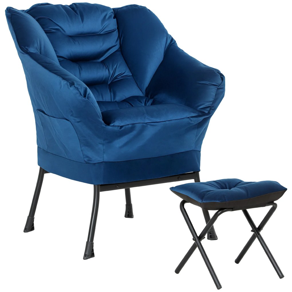 HOMCOM Poltrona em Tecido para Sala com Apoio para os Pés Poltrona Relax para Leitura com Bolsos Laterais 80x78x100 cm Azul Escuro | Aosom Portugal
