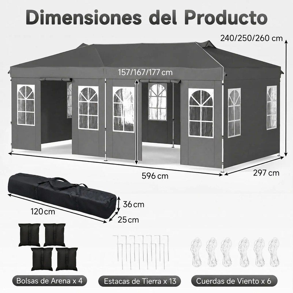 Tenda Dobrável para Exterior, 600 x 300 cm, 3 Alturas Ajustáveis, Cinzenta