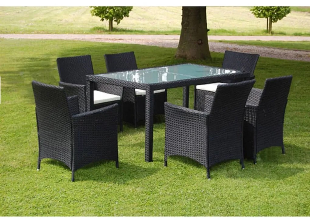 7 pcs conjunto jantar exterior com almofadões vime PE preto