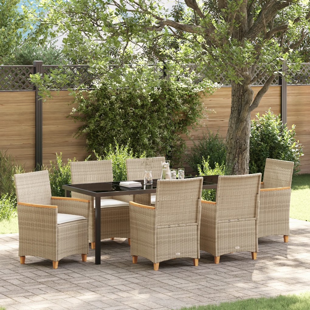 vidaXL Conjunto de Jantar de Jardim com 7 Peças e Almofadas Bege de Rattan Poliéster