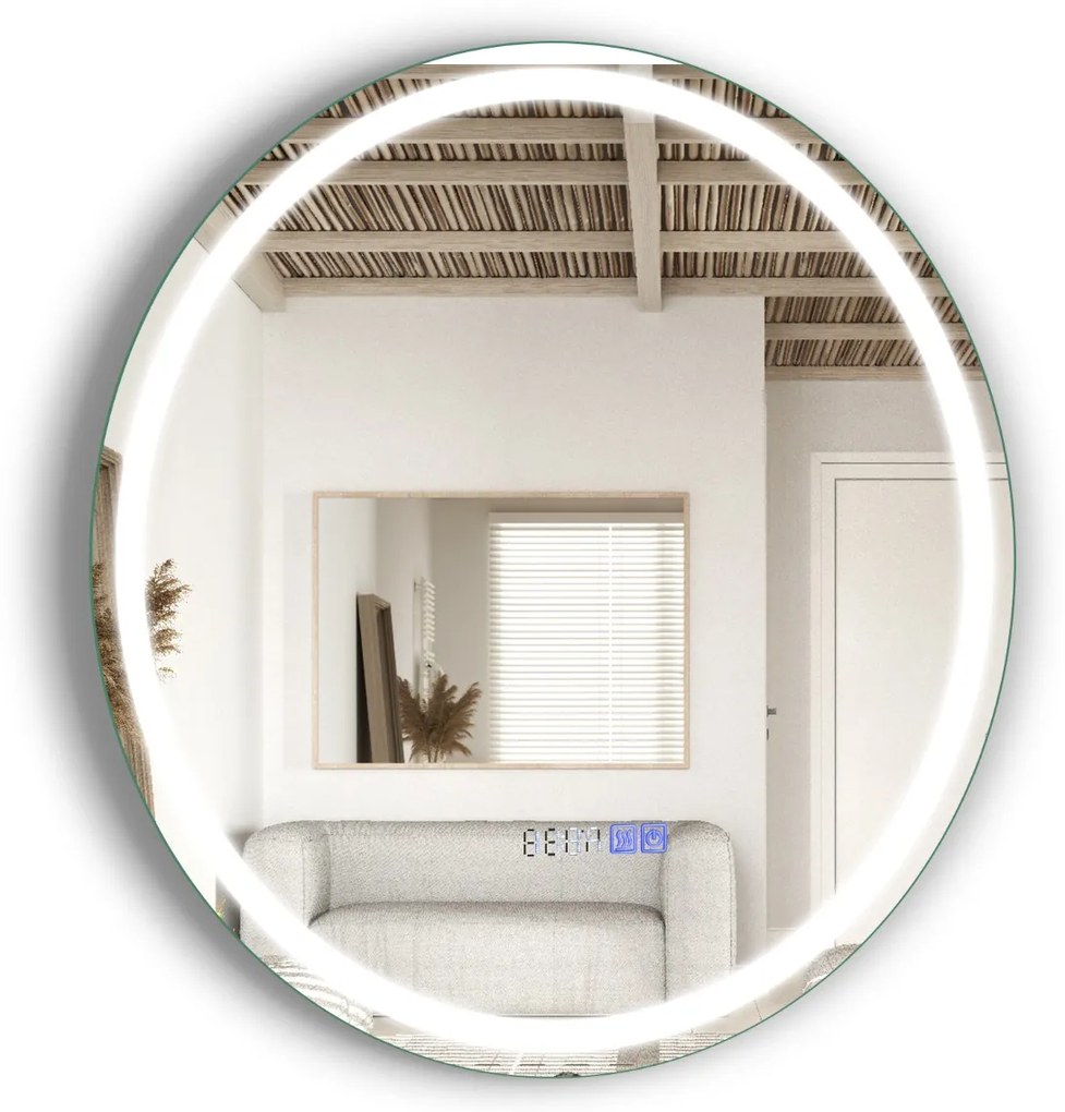 Espelho de casa de banho redondo com luz LED Brilho continuamente ajustável 3 temperaturas de cor Função anti-embaciamento e de memória 60 x 60 cm