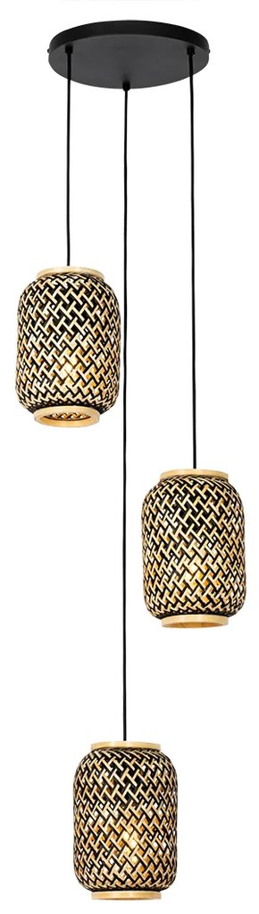 Candeeiro de suspensão oriental em bambu com preto 3 luzes - Yvonne Oriental