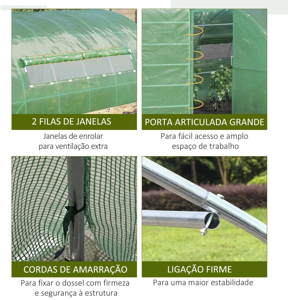 Outsunny Estufa Tipo Túnel 570x292x197cm com Porta e Janelas Estufa de Jardim Grande com Cobertura de PE e Metal Galvanizado para Cultivos de Plantas Verduras Verde